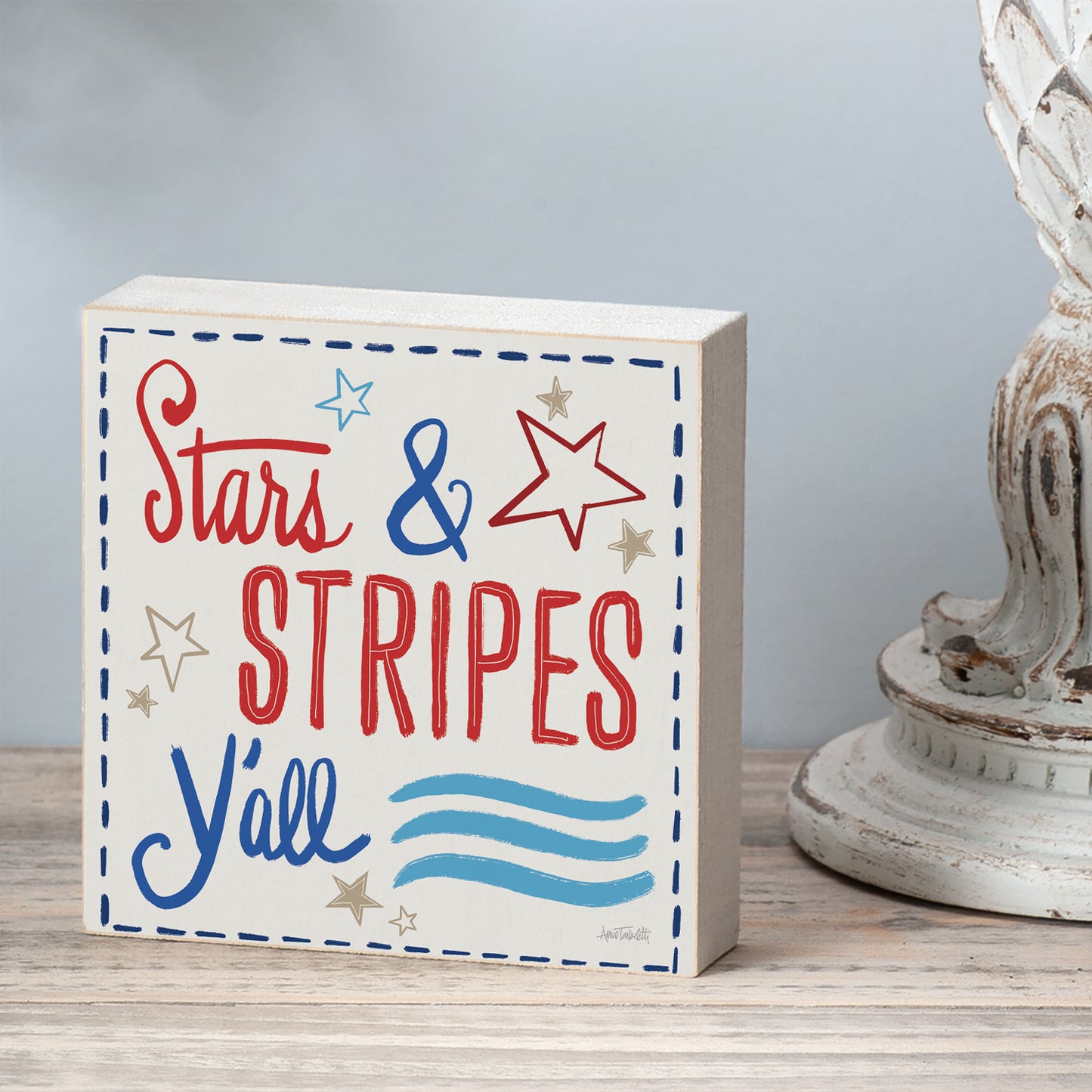 Stars & Stripes Freestanding Solid Wood Block Sign Made in the USA 3.75” Square