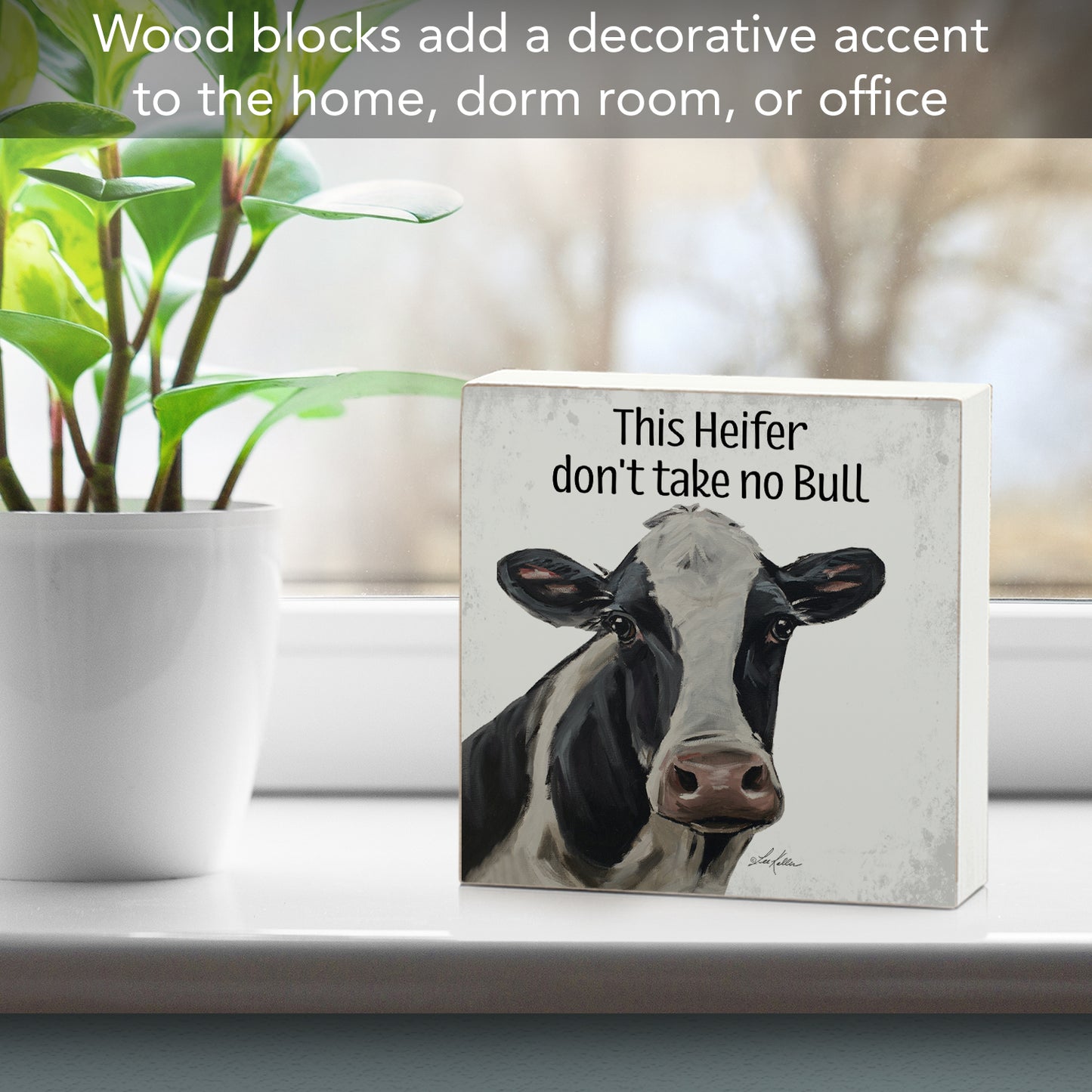 CounterArt Heifer Artistic Freestanding Solid Wood Block Sign Made in the USA 3.75” Square Decorative Accent for Home or Office