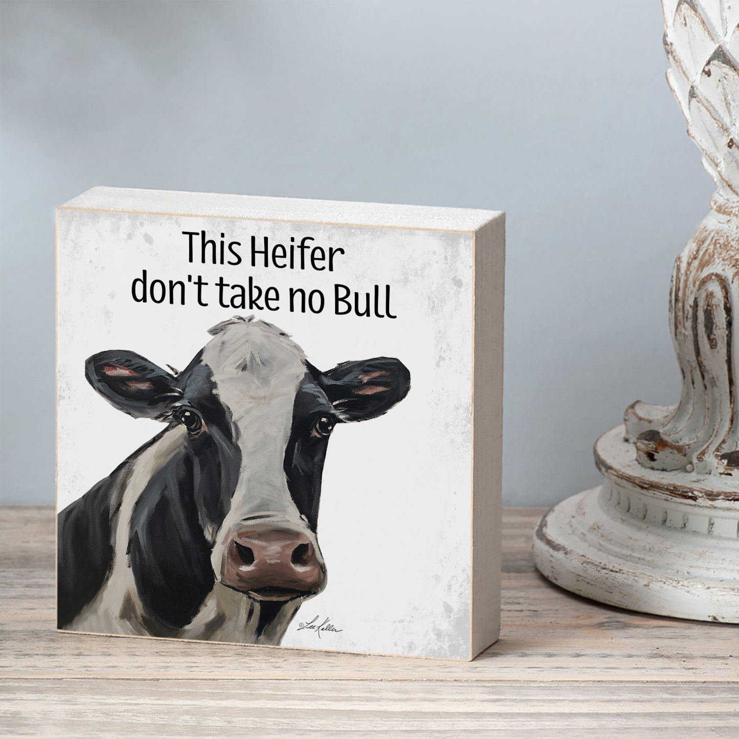 CounterArt Heifer Artistic Freestanding Solid Wood Block Sign Made in the USA 3.75” Square Decorative Accent for Home or Office