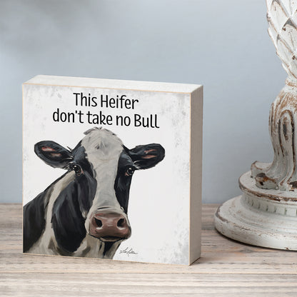 CounterArt Heifer Artistic Freestanding Solid Wood Block Sign Made in the USA 3.75” Square Decorative Accent for Home or Office