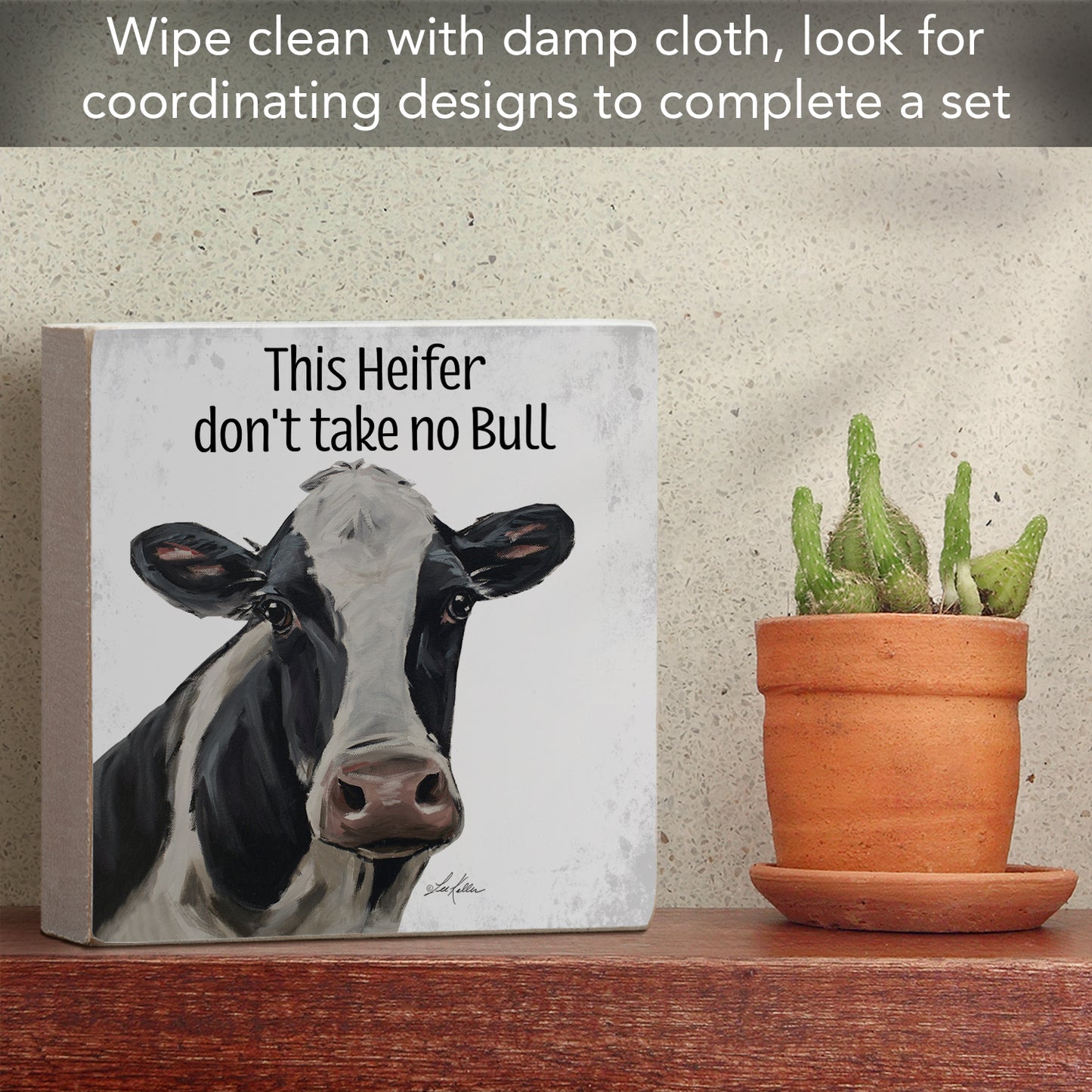CounterArt Heifer Artistic Freestanding Solid Wood Block Sign Made in the USA 3.75” Square Decorative Accent for Home or Office
