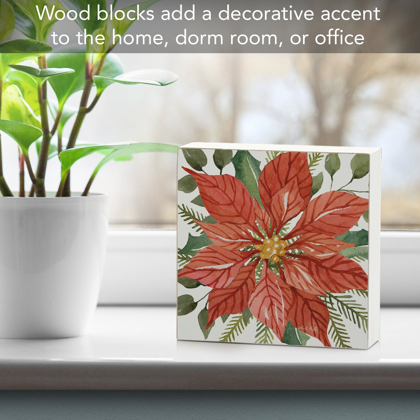 Highland Home Poinsettia Decorative Wooden Home Accent Sign for Desk Mantle or Shelf Made in the USA