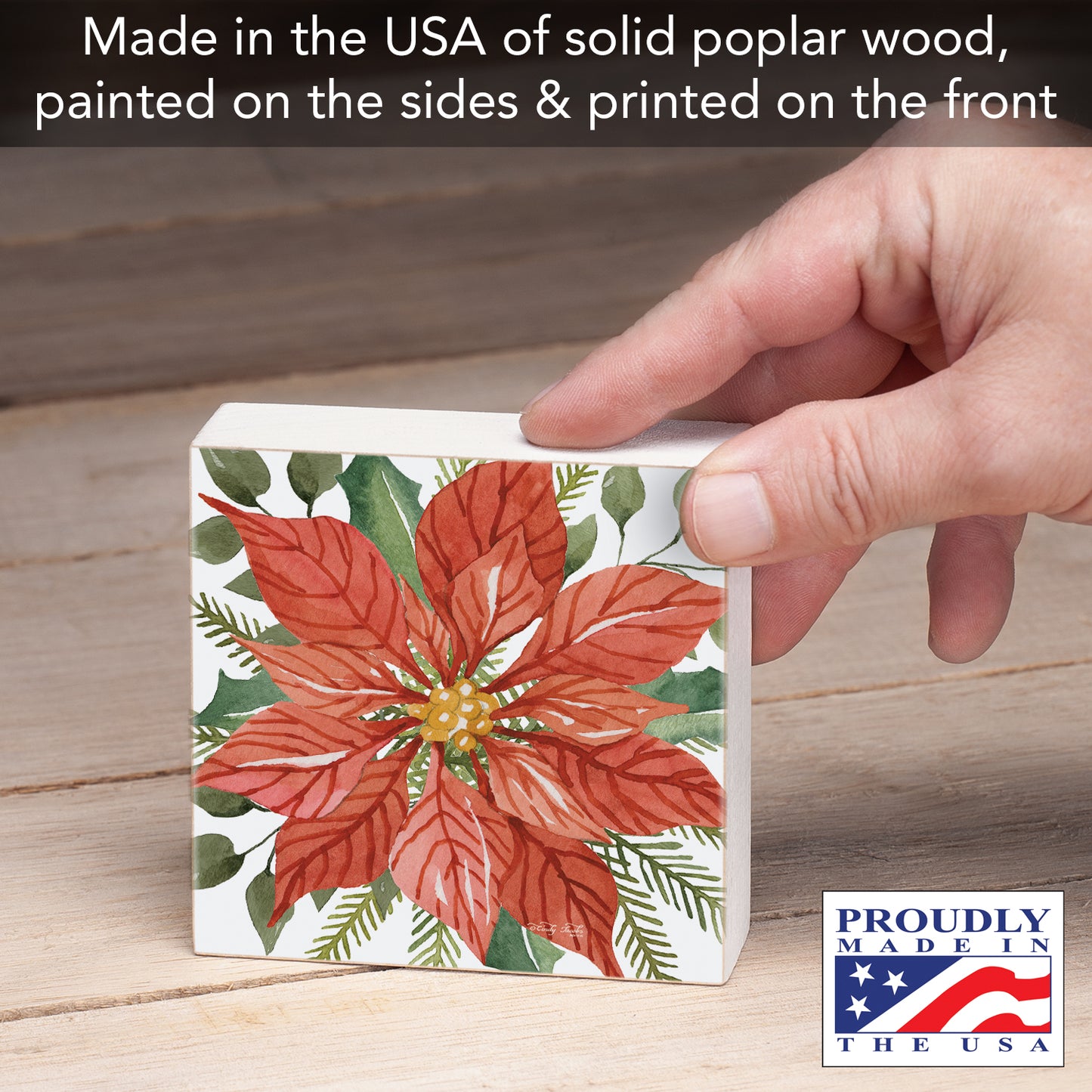 Highland Home Poinsettia Decorative Wooden Home Accent Sign for Desk Mantle or Shelf Made in the USA