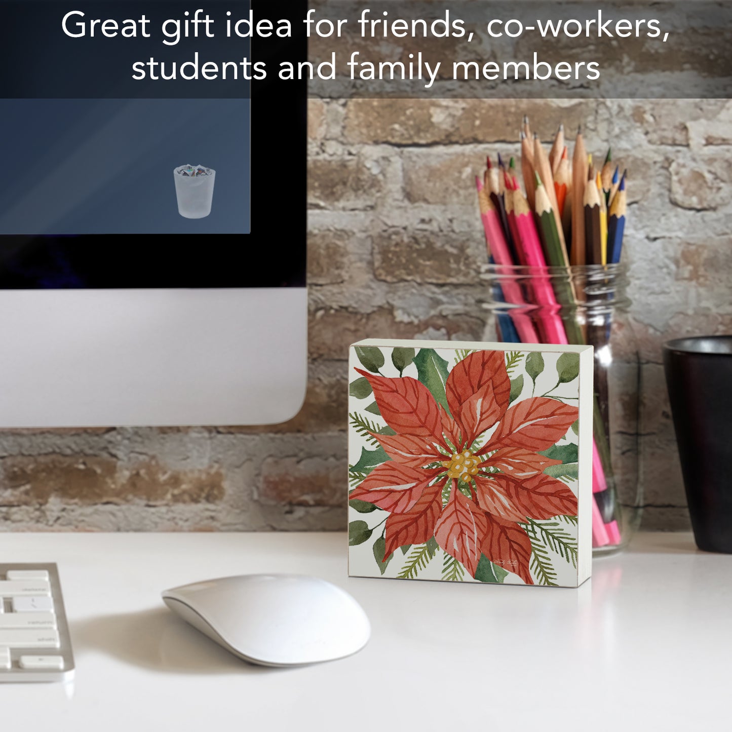 Highland Home Poinsettia Decorative Wooden Home Accent Sign for Desk Mantle or Shelf Made in the USA