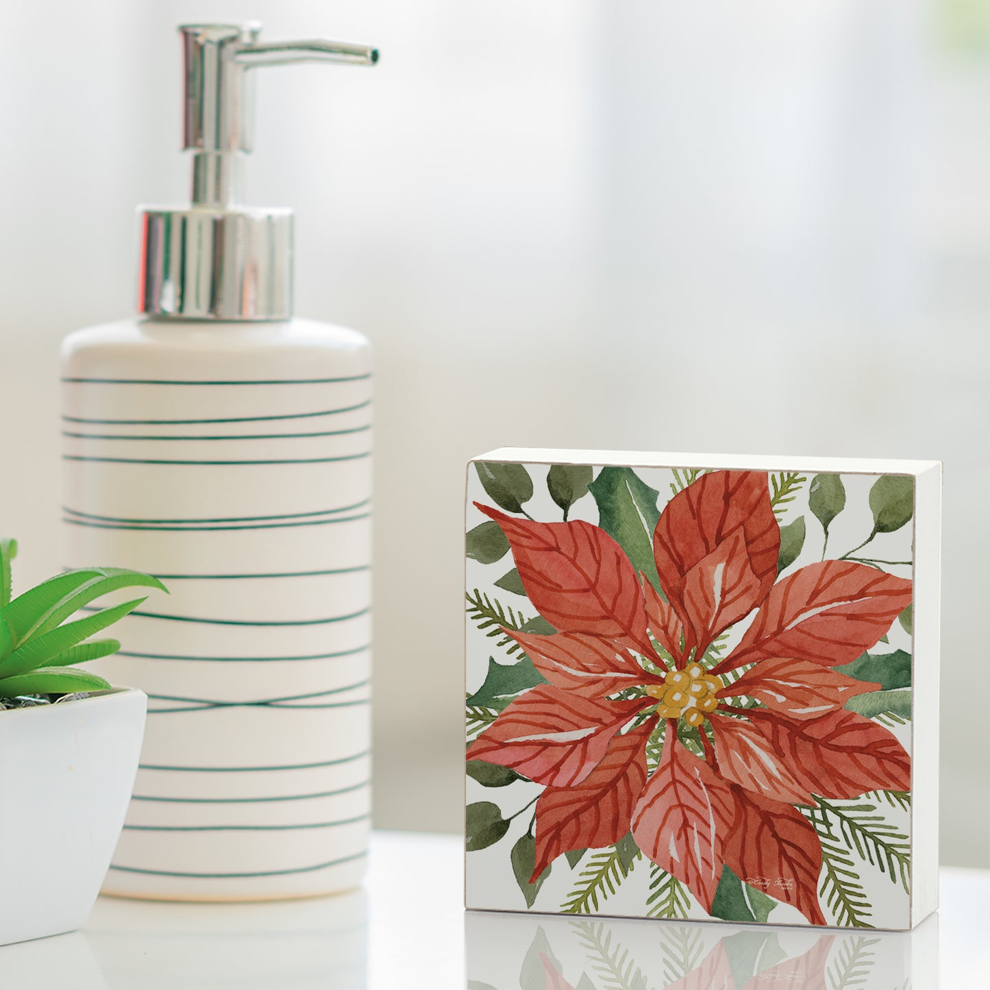 Highland Home Poinsettia Decorative Wooden Home Accent Sign for Desk Mantle or Shelf Made in the USA