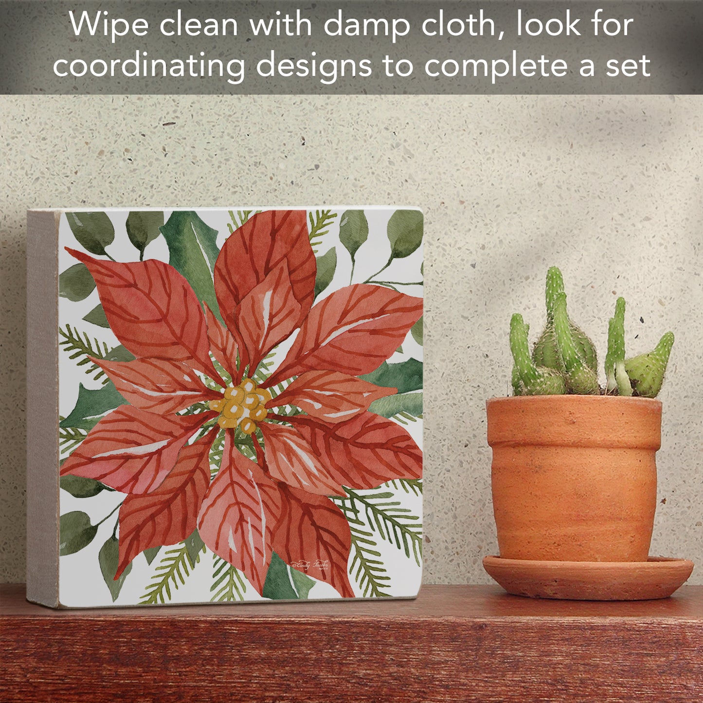 Highland Home Poinsettia Decorative Wooden Home Accent Sign for Desk Mantle or Shelf Made in the USA