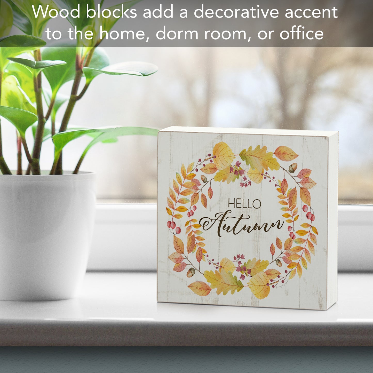 CounterArt Hello Autumn Artistic Freestanding Solid Wood Block Sign Made in the USA 3.75” Square Decorative Accent for Home or Office