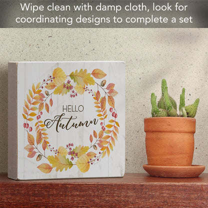 CounterArt Hello Autumn Artistic Freestanding Solid Wood Block Sign Made in the USA 3.75” Square Decorative Accent for Home or Office