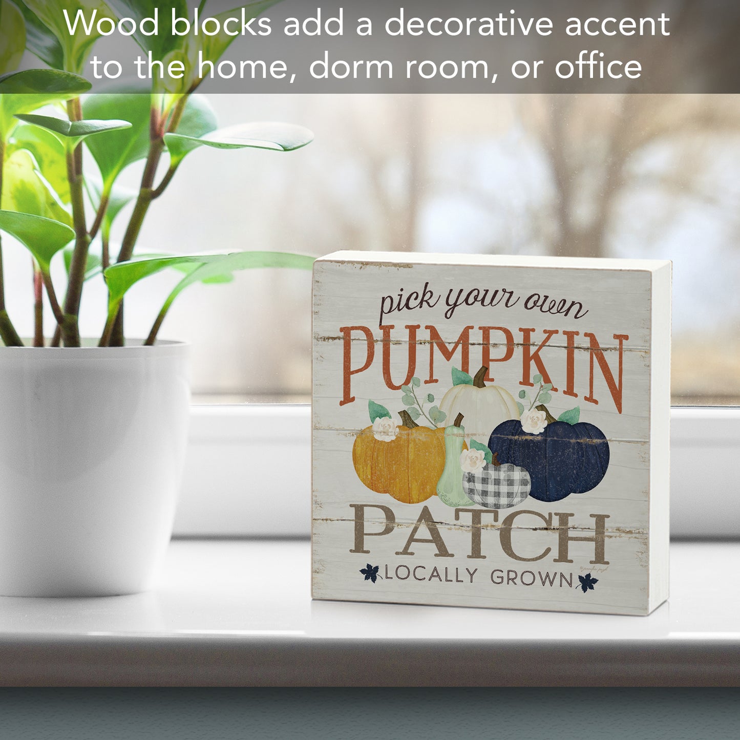 Pumpkin Patch Artistic Freestanding Solid Wood Block Sign Made in the USA 3.75” Square