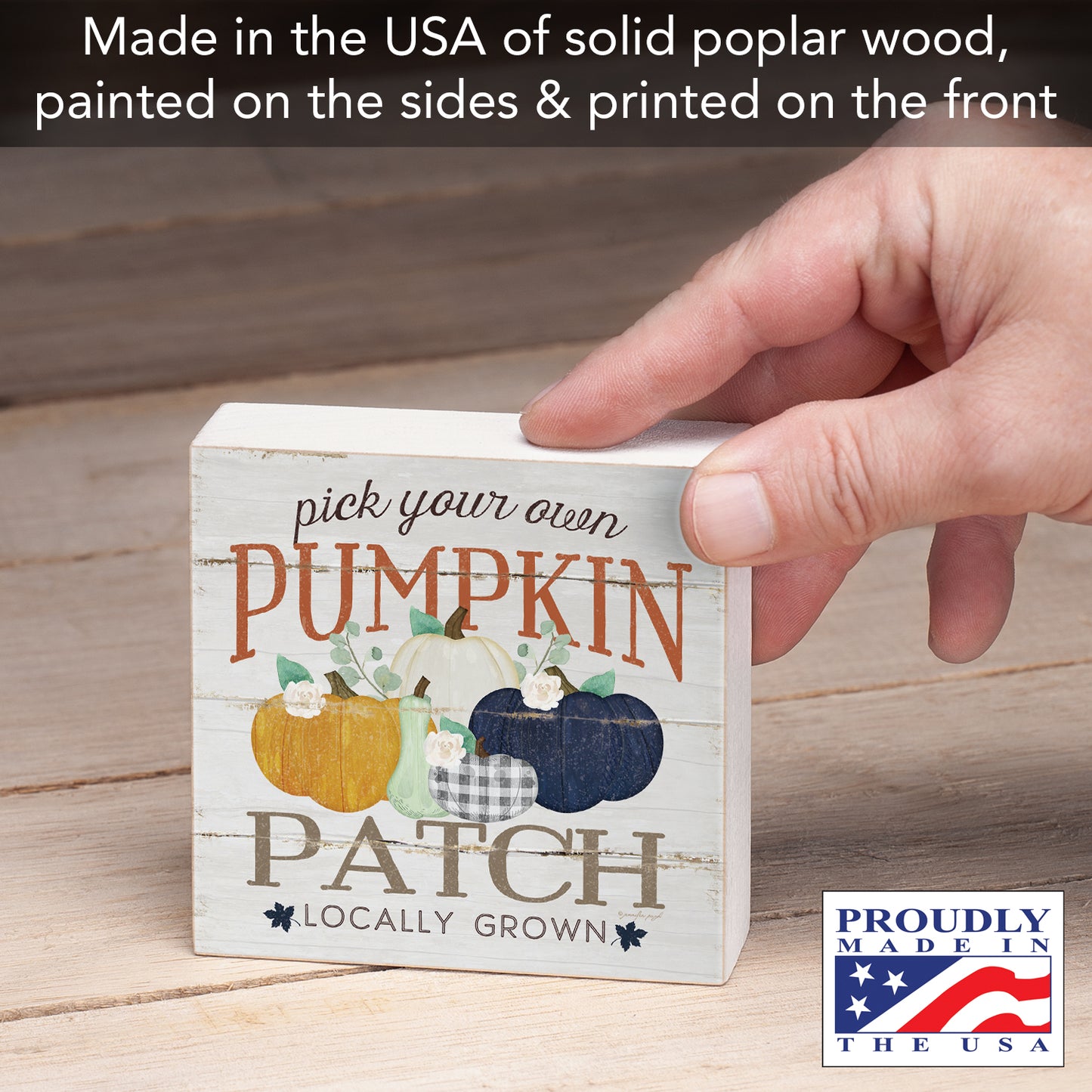 Pumpkin Patch Artistic Freestanding Solid Wood Block Sign Made in the USA 3.75” Square