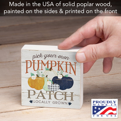 Pumpkin Patch Artistic Freestanding Solid Wood Block Sign Made in the USA 3.75” Square