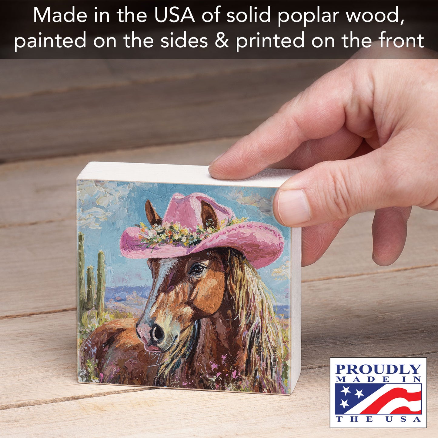 Charming Horse Freestanding Solid Wood Block Sign Made in the USA 3.75” Square