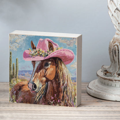 Charming Horse Freestanding Solid Wood Block Sign Made in the USA 3.75” Square