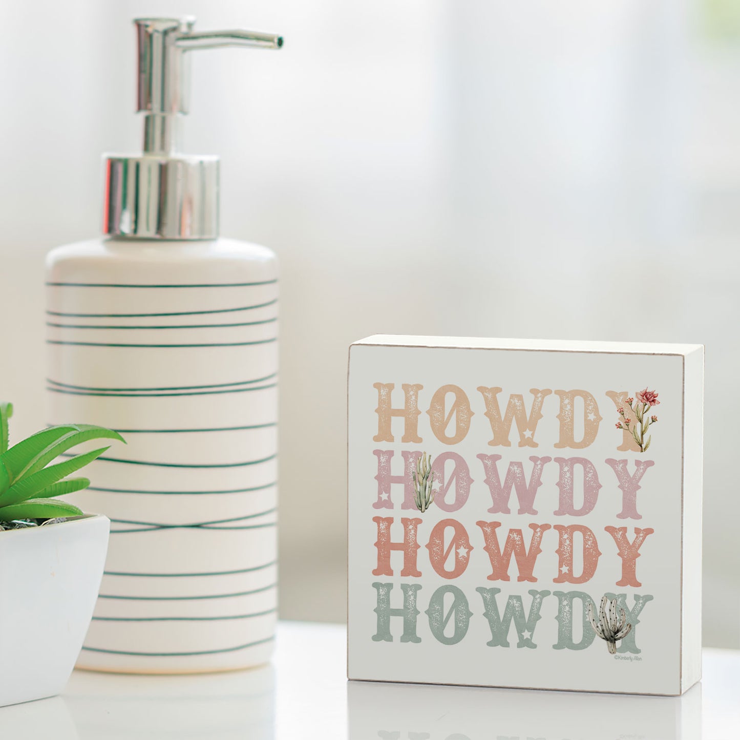 Howdy Artistic Freestanding Solid Wood Block Sign Made in the USA 3.75” Square