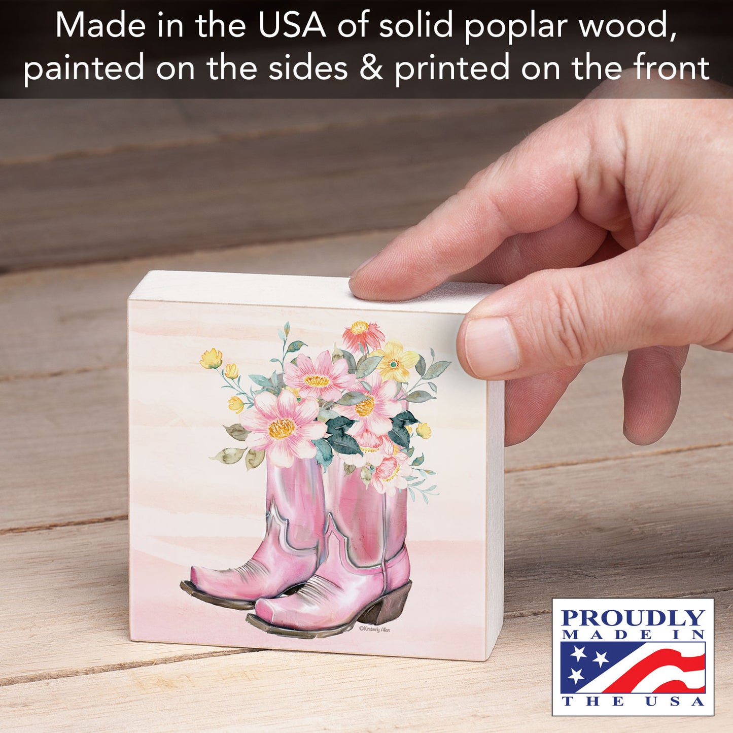 Floral Boots Artistic Freestanding Solid Wood Block Sign Made in the USA 3.75” Square