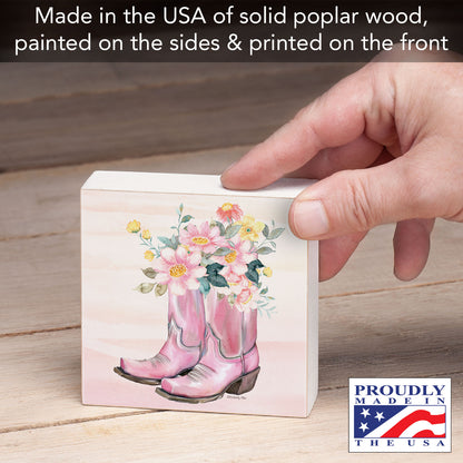 Floral Boots Artistic Freestanding Solid Wood Block Sign Made in the USA 3.75” Square