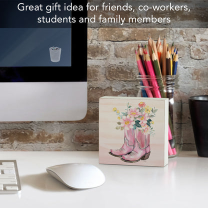 Floral Boots Artistic Freestanding Solid Wood Block Sign Made in the USA 3.75” Square