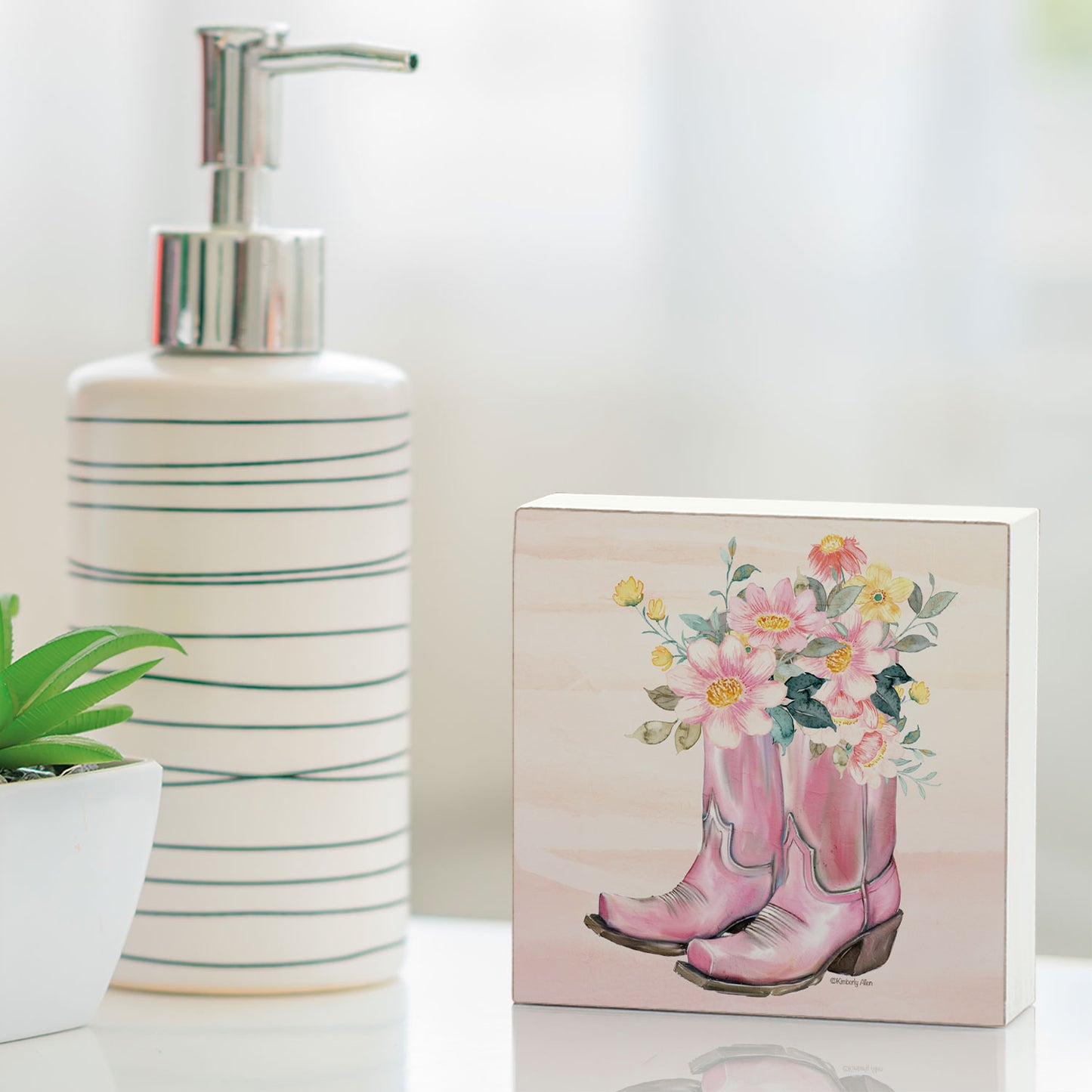 Floral Boots Artistic Freestanding Solid Wood Block Sign Made in the USA 3.75” Square