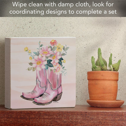 Floral Boots Artistic Freestanding Solid Wood Block Sign Made in the USA 3.75” Square