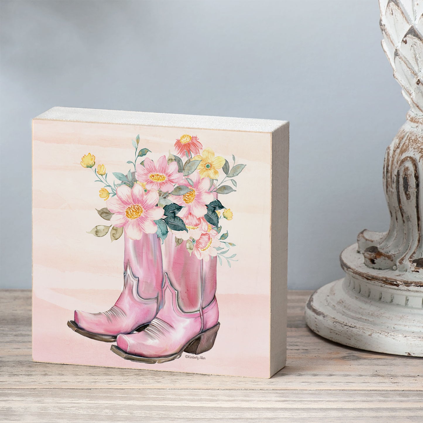 Floral Boots Artistic Freestanding Solid Wood Block Sign Made in the USA 3.75” Square