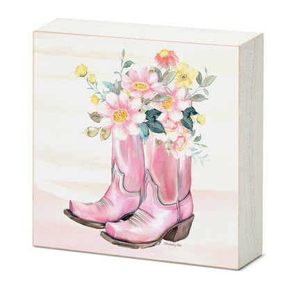 Floral Boots Artistic Freestanding Solid Wood Block Sign Made in the USA 3.75” Square