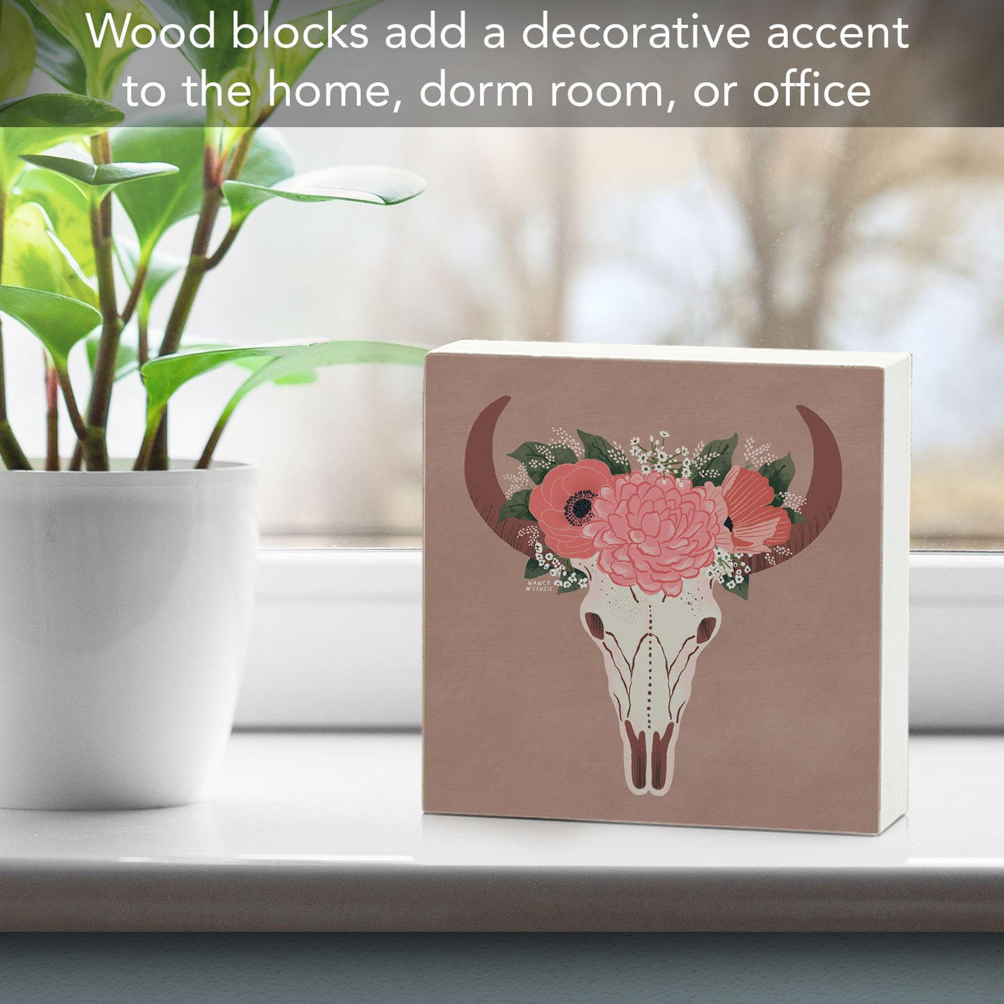 BOHO Skull Artistic Freestanding Solid Wood Block Sign Made in the USA 3.75” Square