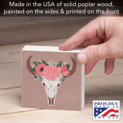 BOHO Skull Artistic Freestanding Solid Wood Block Sign Made in the USA 3.75” Square