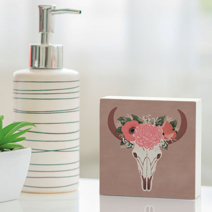 BOHO Skull Artistic Freestanding Solid Wood Block Sign Made in the USA 3.75” Square