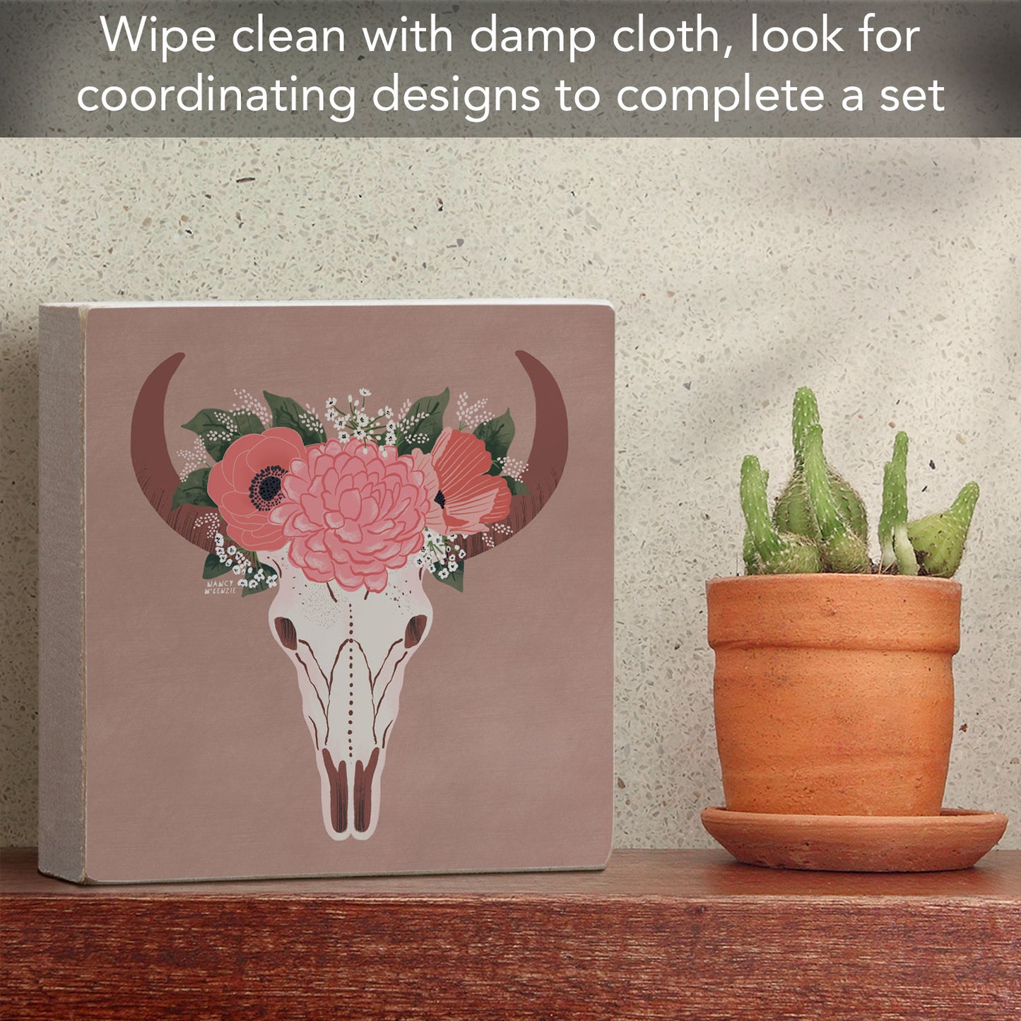 BOHO Skull Artistic Freestanding Solid Wood Block Sign Made in the USA 3.75” Square