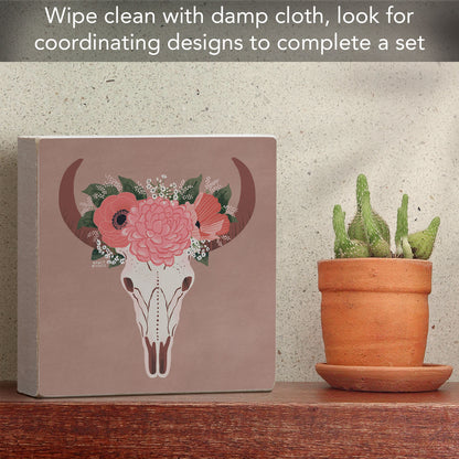 BOHO Skull Artistic Freestanding Solid Wood Block Sign Made in the USA 3.75” Square