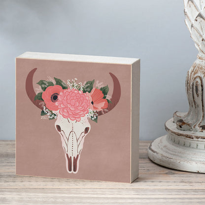 BOHO Skull Artistic Freestanding Solid Wood Block Sign Made in the USA 3.75” Square