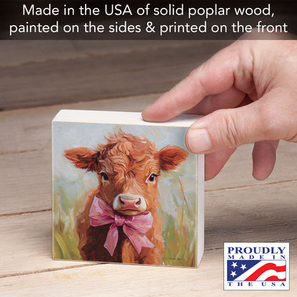 Coquette Cow Freestanding Solid Wood Block Sign Made in the USA 3.75” Square