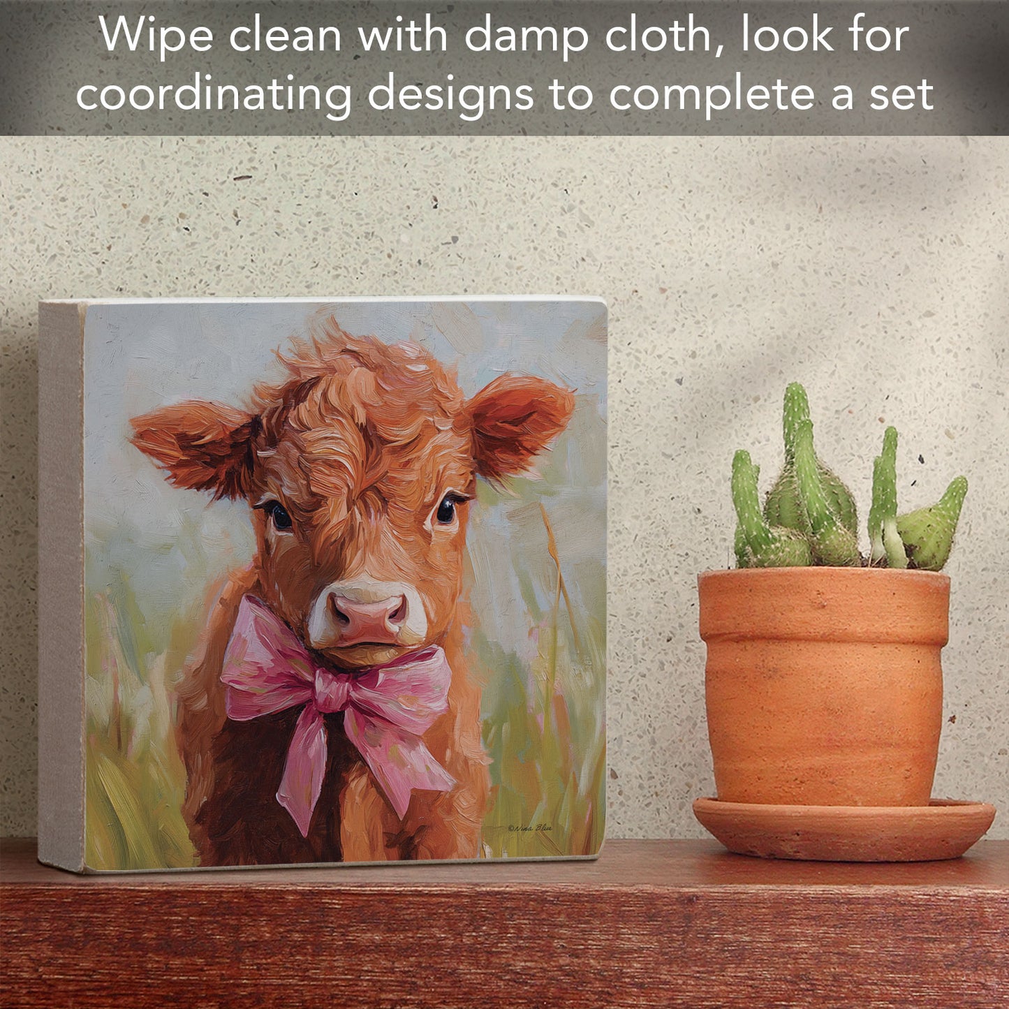 Coquette Cow Freestanding Solid Wood Block Sign Made in the USA 3.75” Square