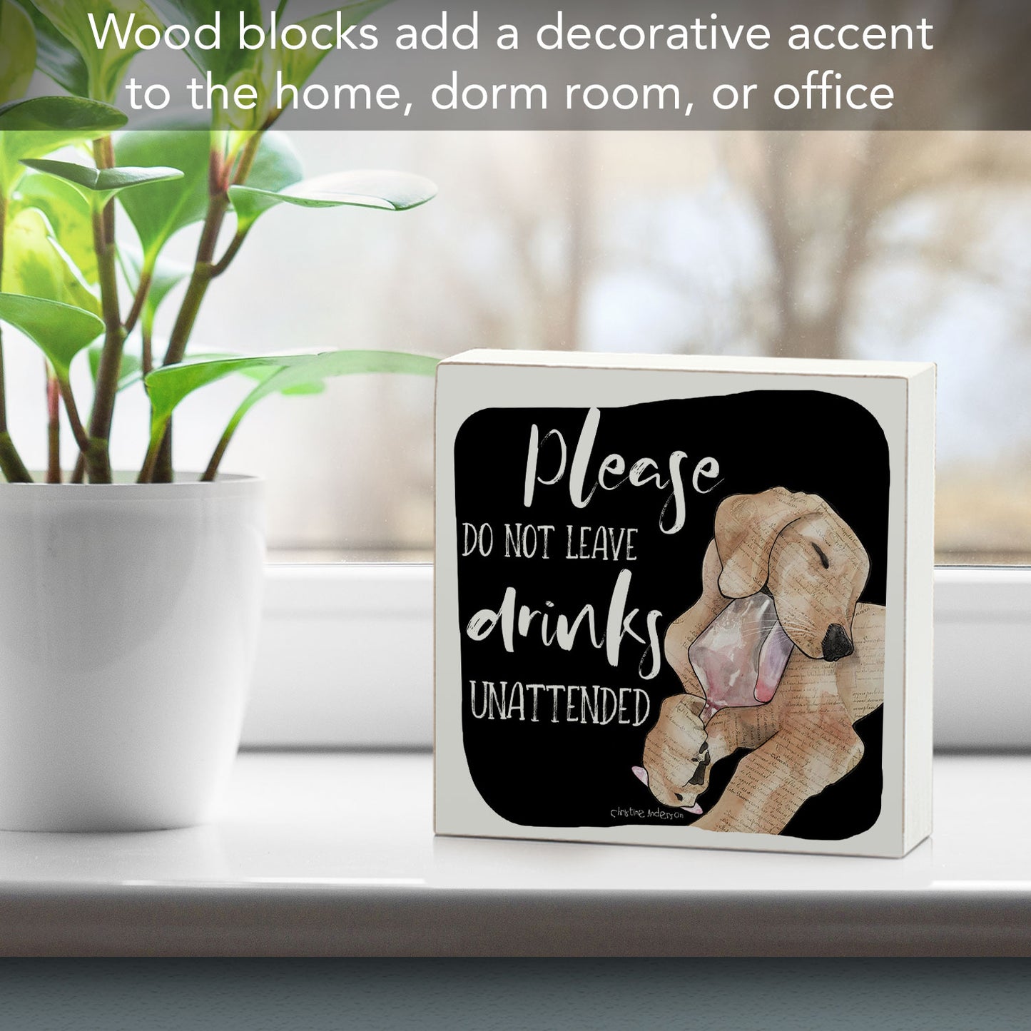 Unattended Dog Artistic Freestanding Solid Wood Block Sign Made in the USA 3.75” Square