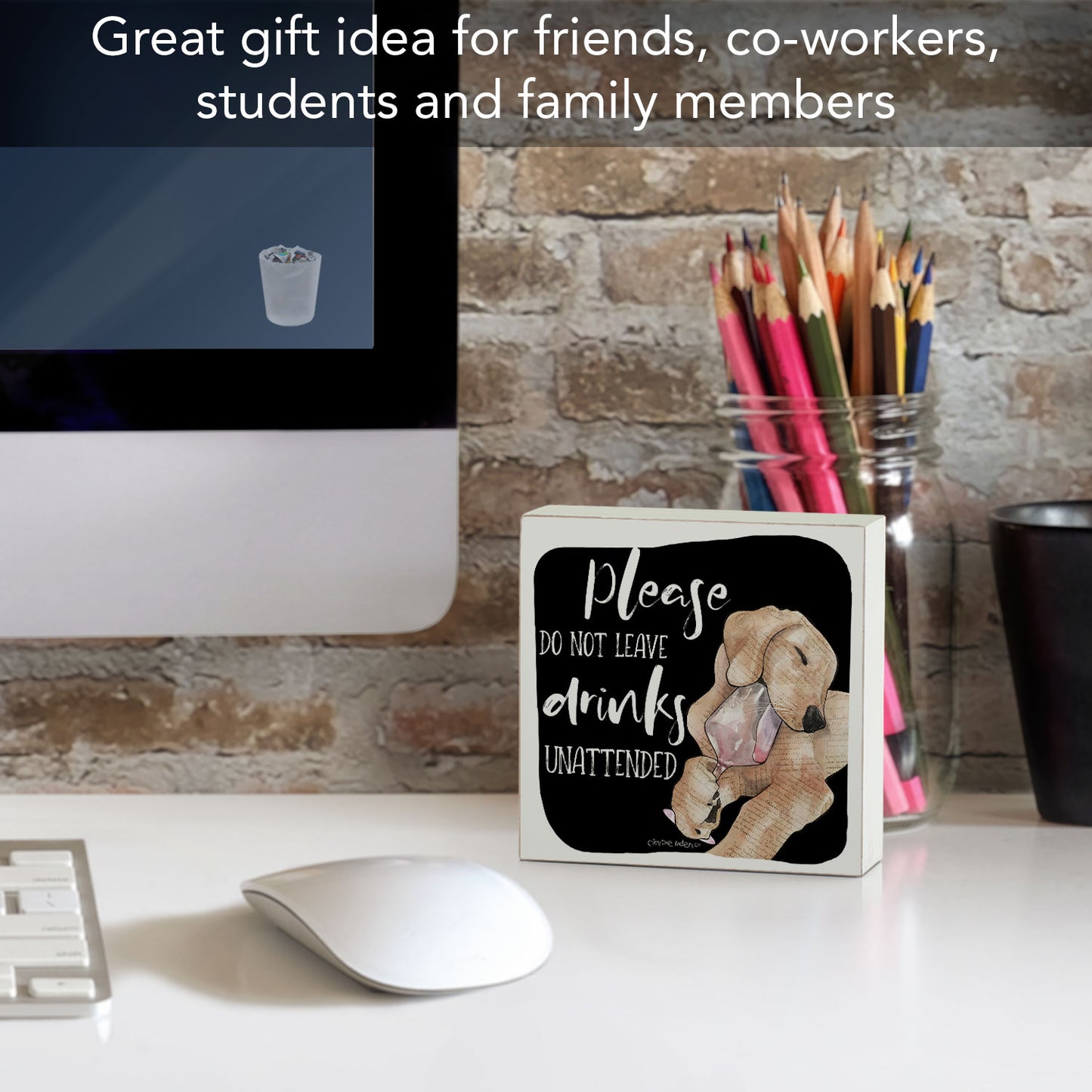 Unattended Dog Artistic Freestanding Solid Wood Block Sign Made in the USA 3.75” Square