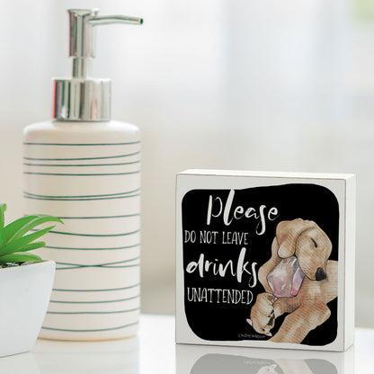 Unattended Dog Artistic Freestanding Solid Wood Block Sign Made in the USA 3.75” Square