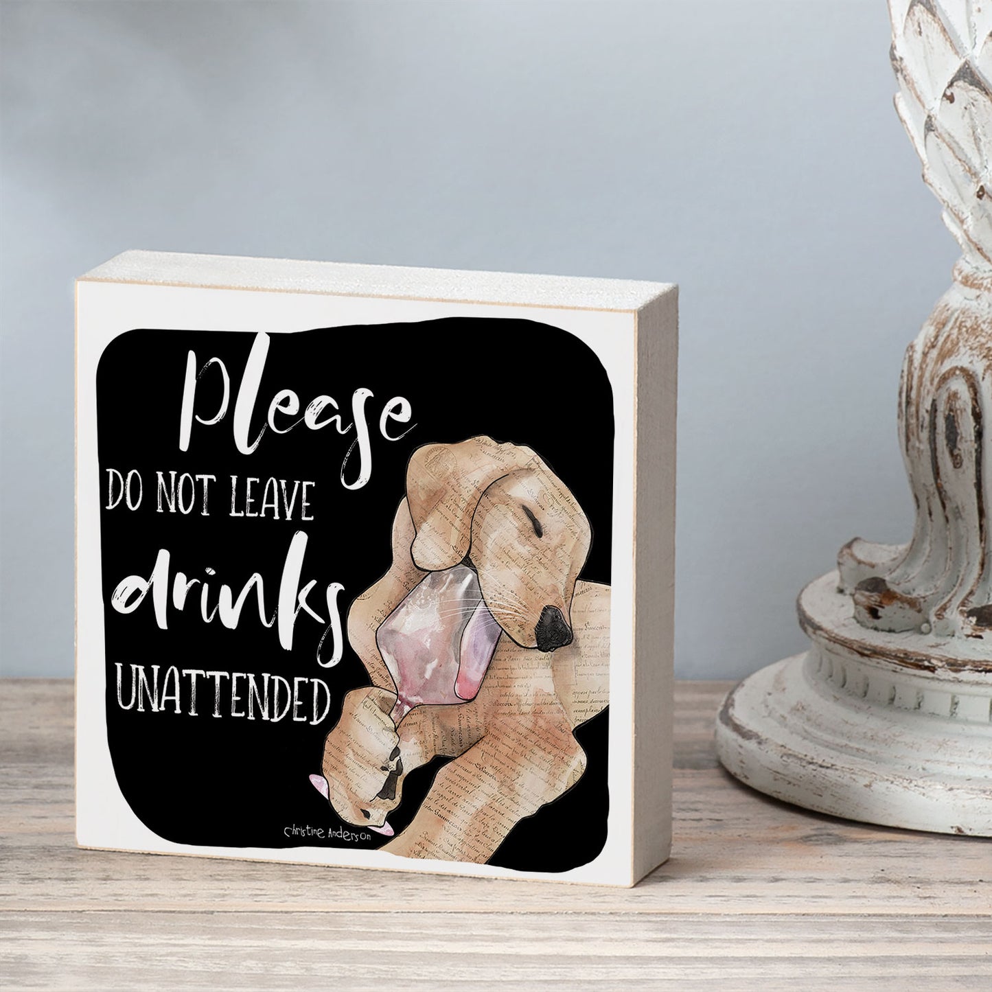 Unattended Dog Artistic Freestanding Solid Wood Block Sign Made in the USA 3.75” Square