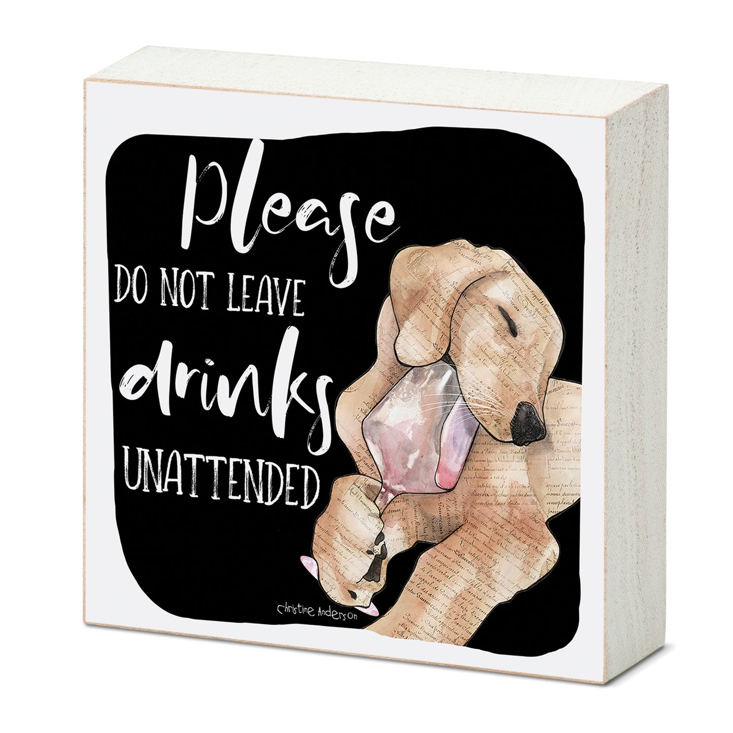 Unattended Dog Artistic Freestanding Solid Wood Block Sign Made in the USA 3.75” Square