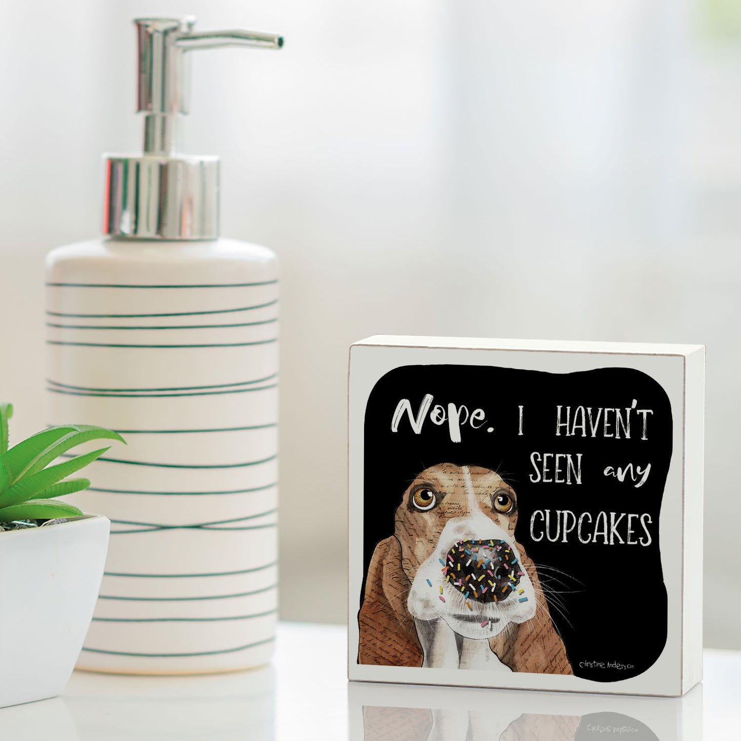 What Cupcakes? Dog Artistic Freestanding Solid Wood Block Sign Made in the USA 3.75” Square