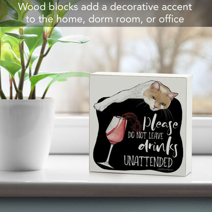 Unattended Cat Artistic Freestanding Solid Wood Block Sign Made in the USA 3.75” Square