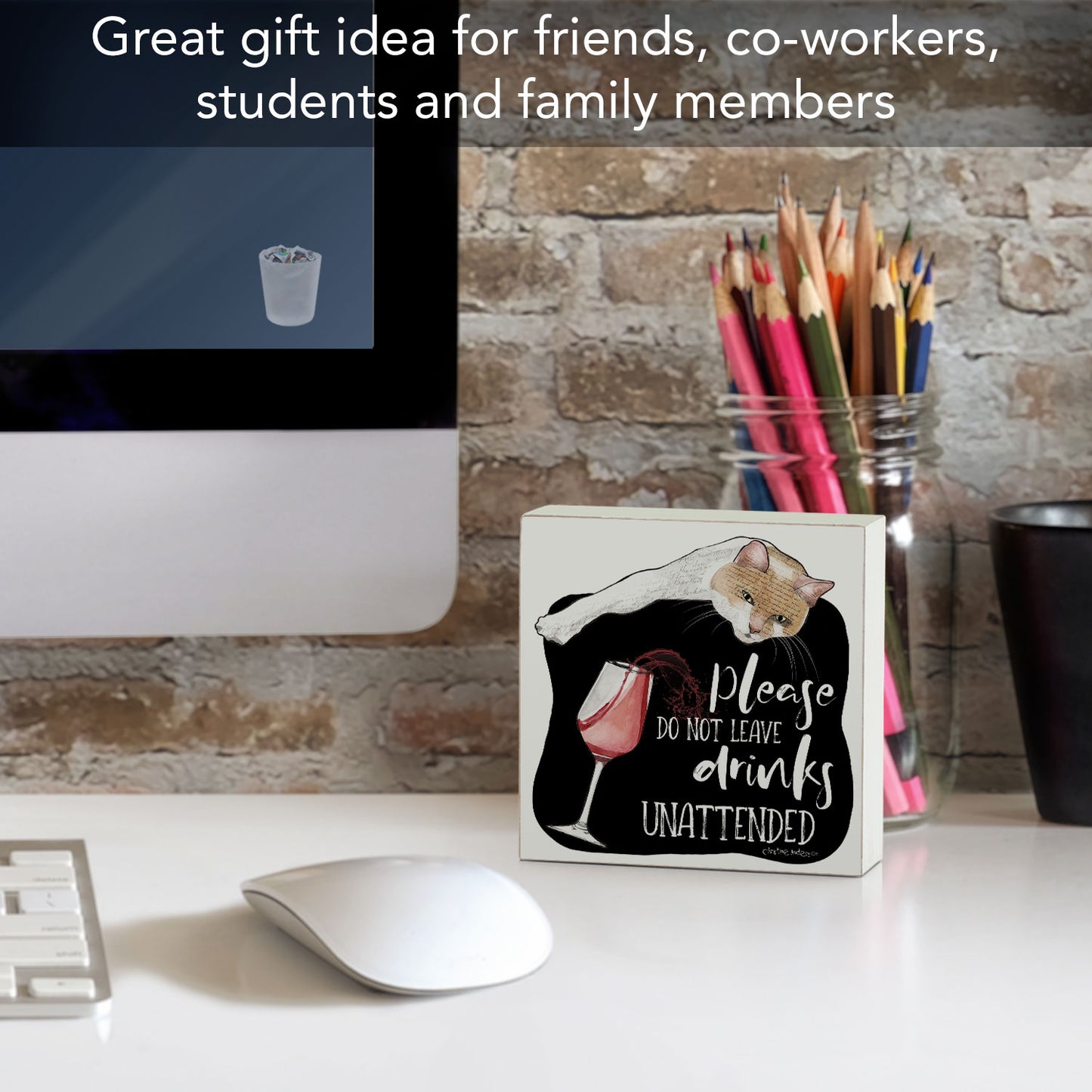 Unattended Cat Artistic Freestanding Solid Wood Block Sign Made in the USA 3.75” Square