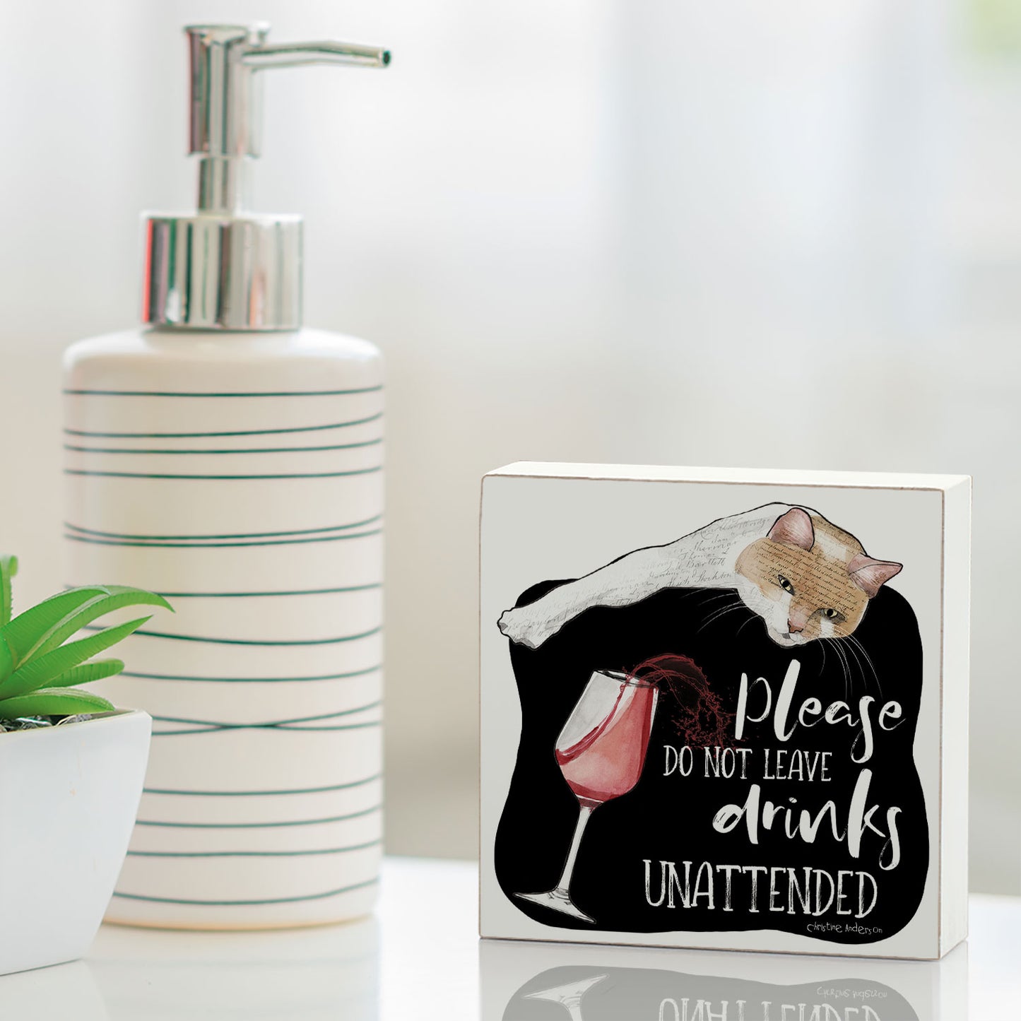 Unattended Cat Artistic Freestanding Solid Wood Block Sign Made in the USA 3.75” Square