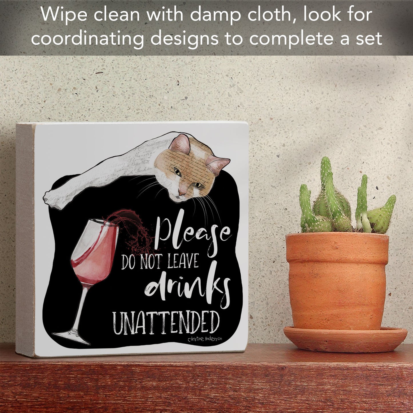 Unattended Cat Artistic Freestanding Solid Wood Block Sign Made in the USA 3.75” Square