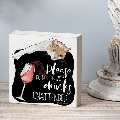 Unattended Cat Artistic Freestanding Solid Wood Block Sign Made in the USA 3.75” Square