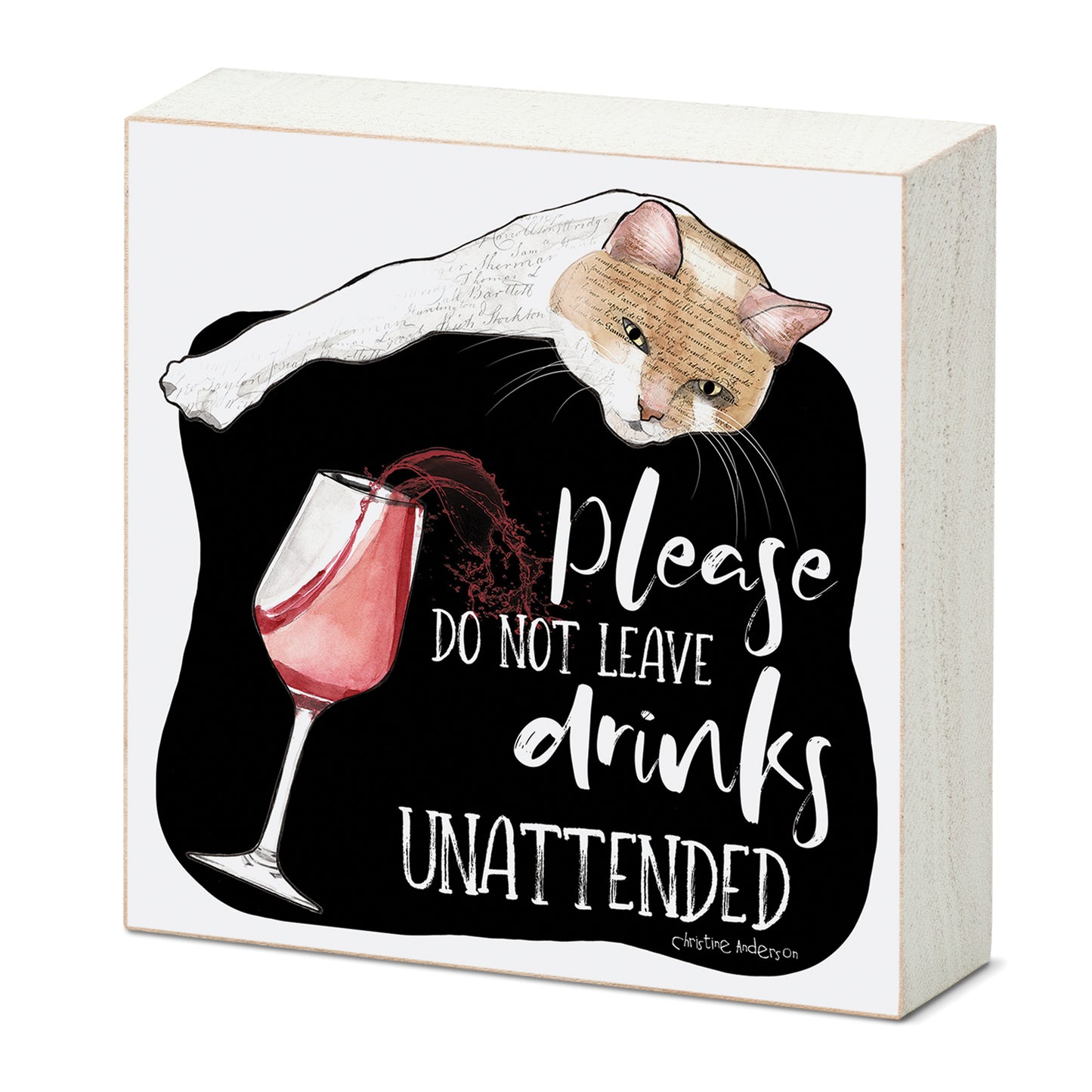 Unattended Cat Artistic Freestanding Solid Wood Block Sign Made in the USA 3.75” Square