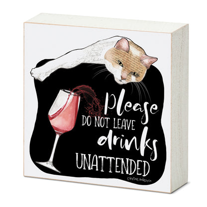 Unattended Cat Artistic Freestanding Solid Wood Block Sign Made in the USA 3.75” Square