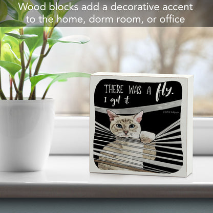 Fly Catching Cat Artistic Freestanding Solid Wood Block Sign Made in the USA 3.75” Square