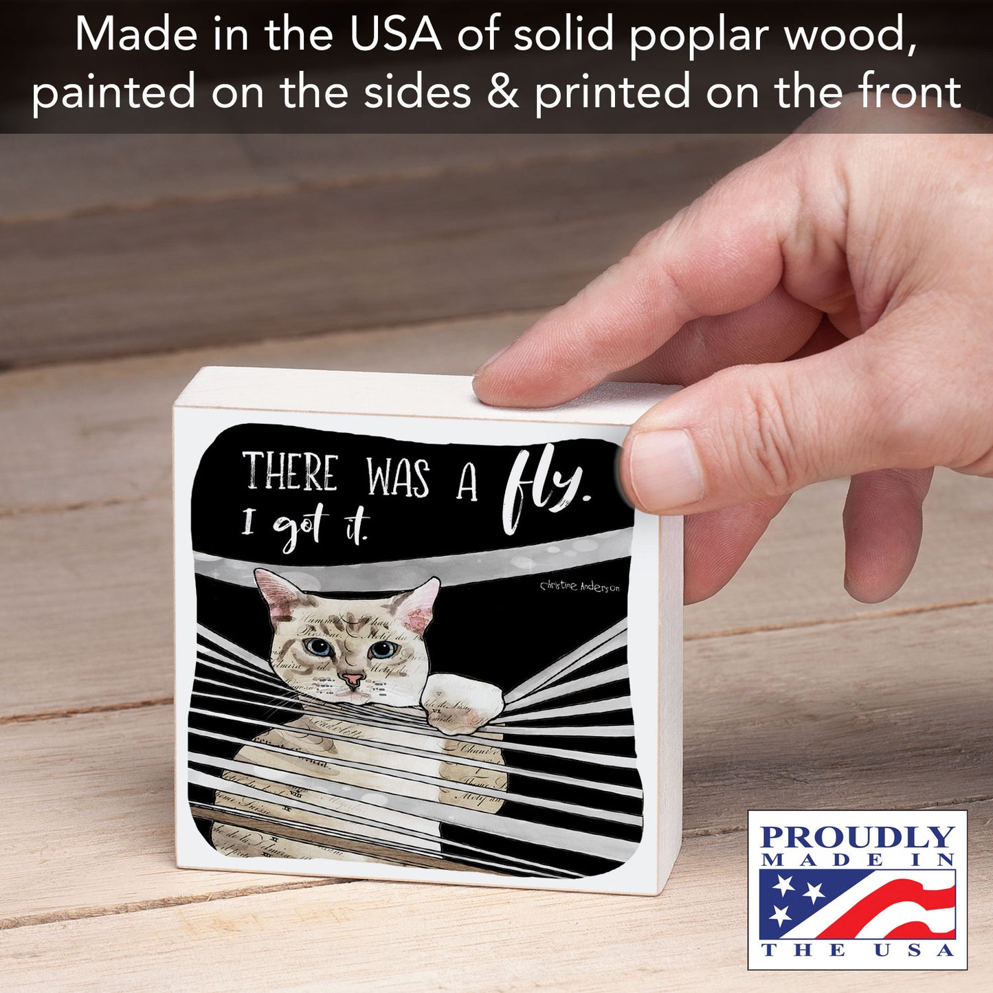 Fly Catching Cat Artistic Freestanding Solid Wood Block Sign Made in the USA 3.75” Square