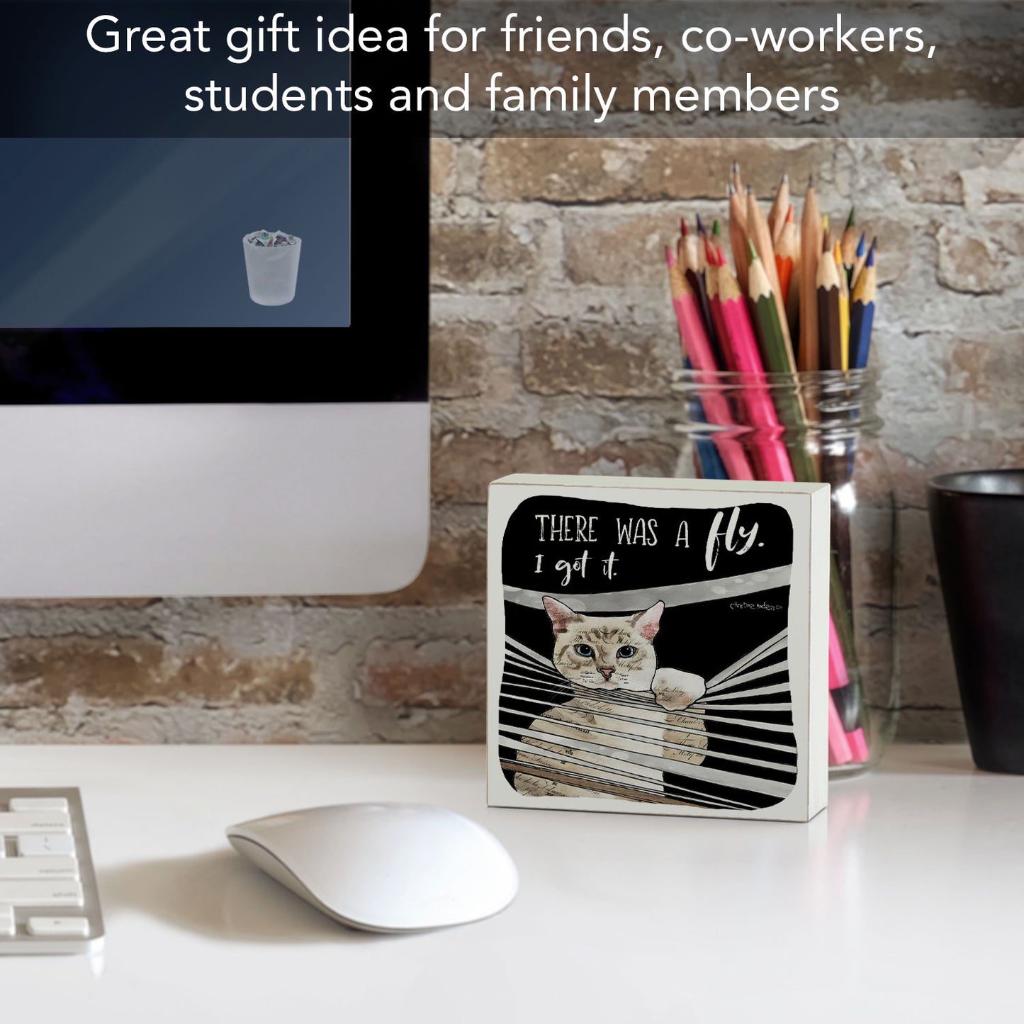 Fly Catching Cat Artistic Freestanding Solid Wood Block Sign Made in the USA 3.75” Square