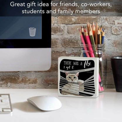 Fly Catching Cat Artistic Freestanding Solid Wood Block Sign Made in the USA 3.75” Square